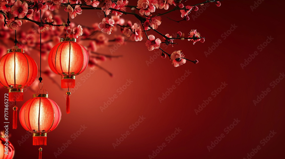 Chinese lanterns on Background with copy space.2024 happy Chinese new year celebration concept with Cherry tree blossom. Chinese lanterns on Background with copy space.2024 happy Chinese new year celebration concept with Cherry tree blossom.