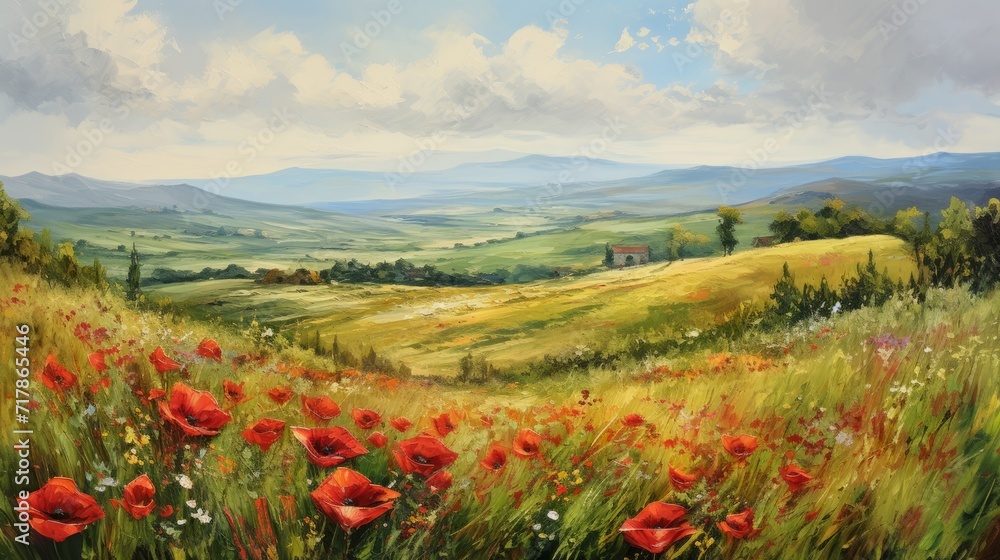 Rural countryside landscape, field of poppies, painting, art on canvas Rural countryside landscape, field of poppies, painting, art on canvas
