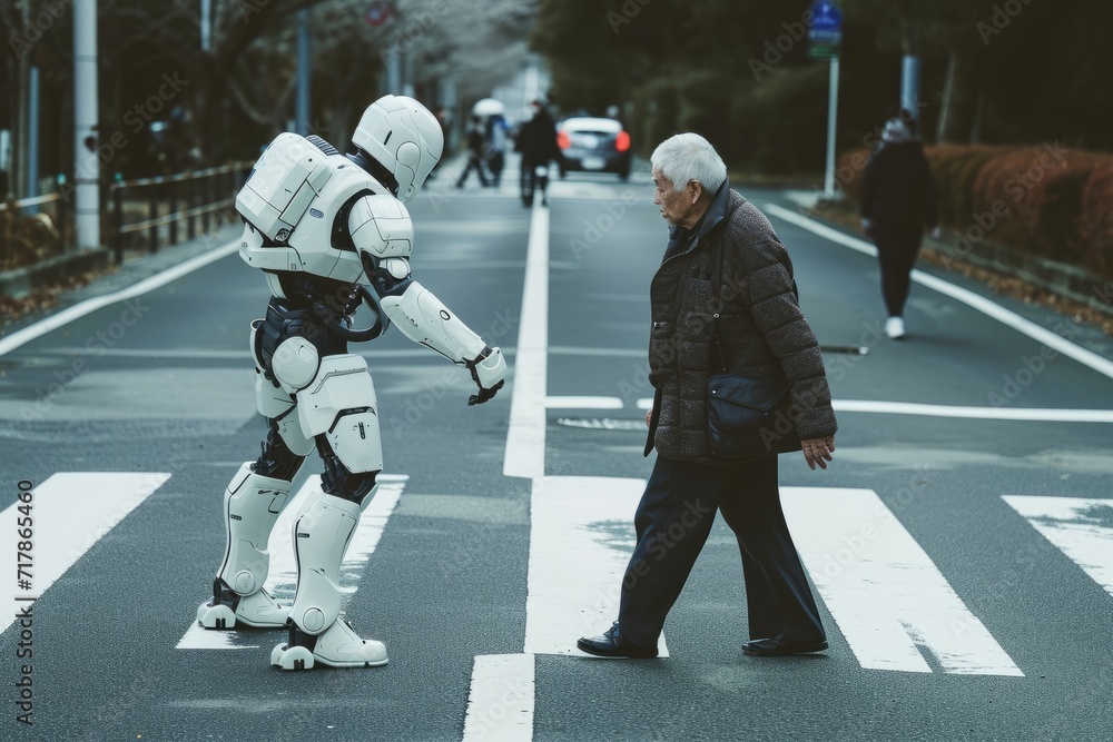 Obraz premium A futuristic robot, powered by artificial intelligence, assisting an elderly person in crossing the road 
