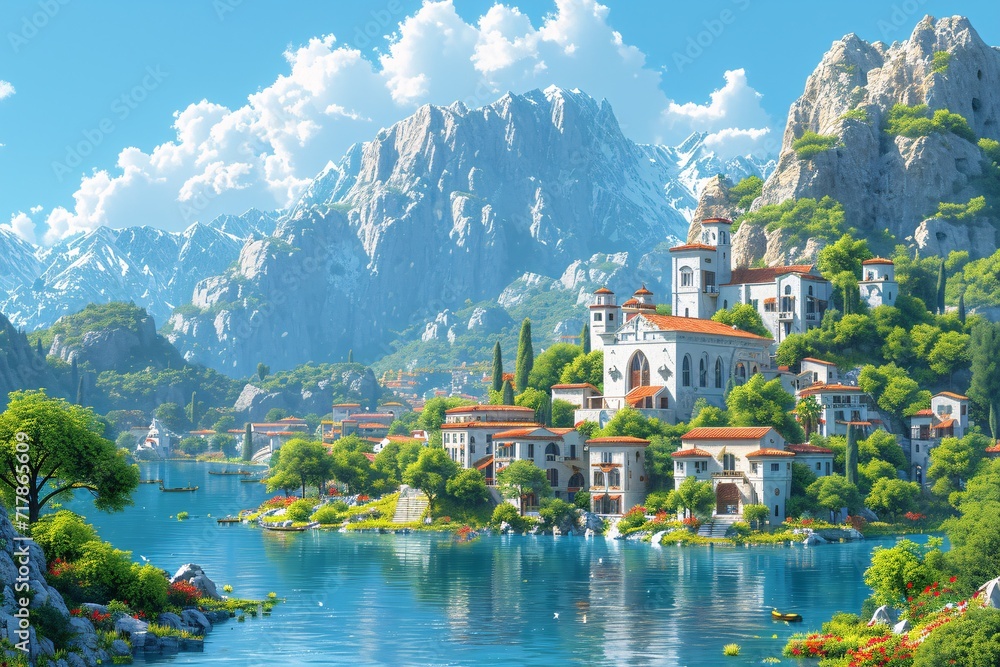 Fototapeta premium Aquatic Paradise: A Serene Mountain Town by the Lake Generative AI