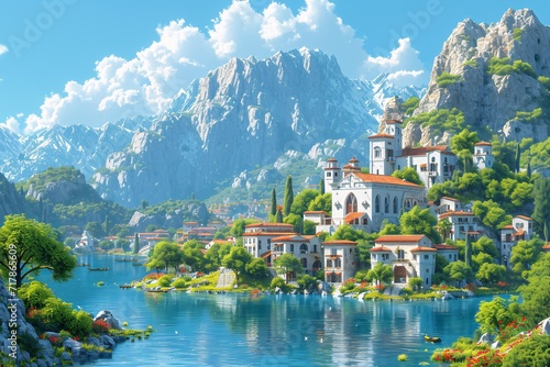 Aquatic Paradise: A Serene Mountain Town by the Lake Generative AI