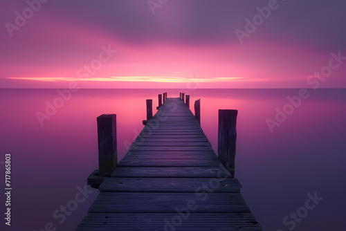 As the vibrant hues of the sunrise illuminate the sky, a serene wooden dock stretches out towards the calm waters of the lake, inviting one to bask in the peaceful beauty of the outdoor landscape © Vladan