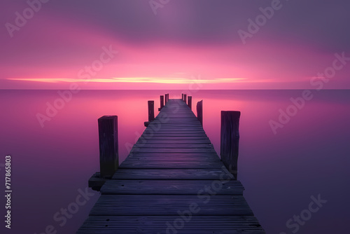 As the vibrant hues of the sunrise illuminate the sky, a serene wooden dock stretches out towards the calm waters of the lake, inviting one to bask in the peaceful beauty of the outdoor landscape