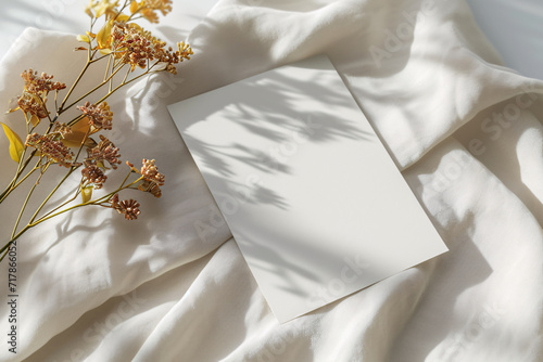 Post paper Card Mockup, Wedding Invitation card Mockup Flat lay Photography against the dried plant and white flowers