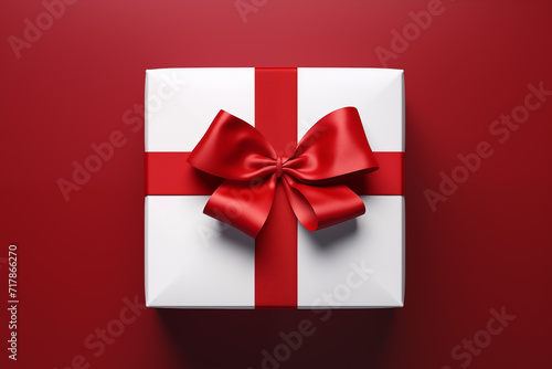 Gift box with red ribbon on red background. Generative ai © Dima
