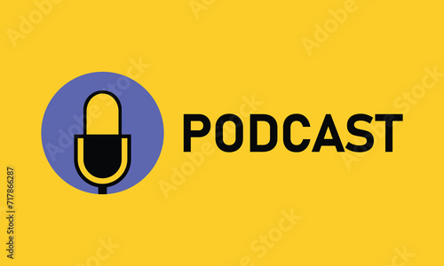 Blue Podcast label design with microphone emblem in yellow BG. Logo design, podcast sign. Vector illustration.