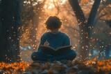 Autumnal Afternoon: A Young Man Reading a Book in a Forest Setting Generative AI