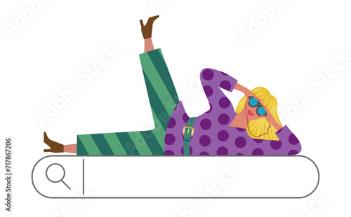 SEO, woman lying down comfortable with the searching, looking through binoculars. Isolated. Vector illustration. photo