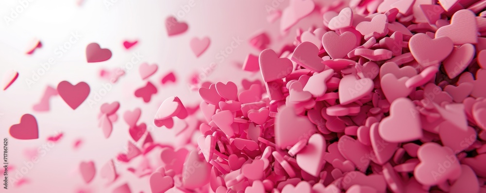 Valentine's Day and romantic scene with small red paper hearts scattered across a soft pink gradient background, creating a dreamy and festive atmosphere ideal for Valentine's Day or romantic occasion