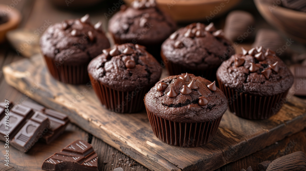 Delicious chocolate muffins on wooden table, closeup. Delicious chocolate muffins on wooden table, closeup.