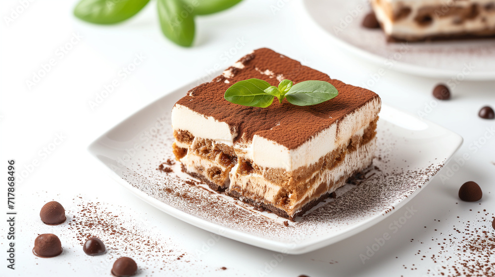 Tiramisu cake on a white plate with chocolate and mint Tiramisu cake on a white plate with chocolate and mint