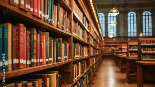 Library interior with bookshelves, shallow depth of field, toned