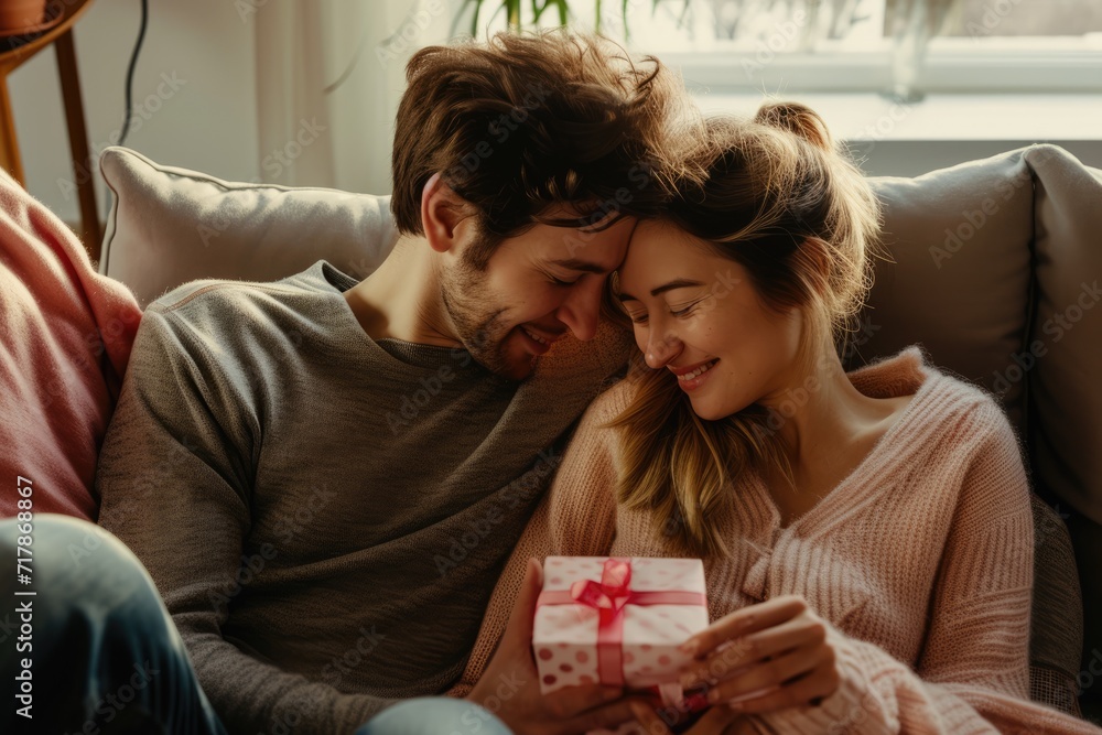 Valentine's Day surprise moment is captured as a man lovingly covers a woman's eyes while presenting her with a gift box adorned with a red ribbon, suggesting a special occasion or celebration Valentine's Day surprise moment is captured as a man lovingly covers a woman's eyes while presenting her with a gift box adorned with a red ribbon, suggesting a special occasion or celebration