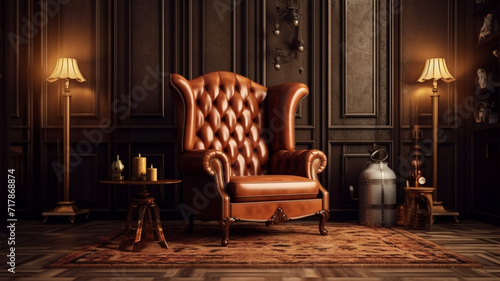 Rustic Opulence: A Captivating Interior Model Home with an Empty Room featuring Brown Designed Walls, a Beautiful Brown Foam Chair, a Cozy Brown Small Table, Two Elegant Long Golden Lamps, 