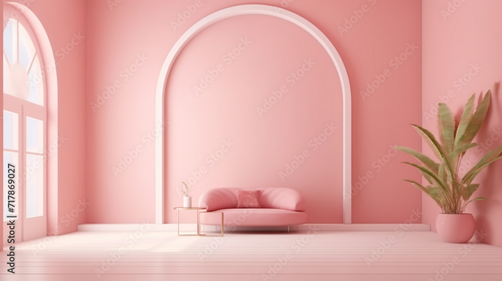 Blushing Tranquility: A Captivating Interior Model Home with an Empty Room adorned in Soft Pink Walls, Featuring a Small Designed Pink Sofa, a Delicate Pink Pot on the Floor Hosting a Lush Green Tree, Blushing Tranquility: A Captivating Interior Model Home with an Empty Room adorned in Soft Pink Walls, Featuring a Small Designed Pink Sofa, a Delicate Pink Pot on the Floor Hosting a Lush Green Tree,