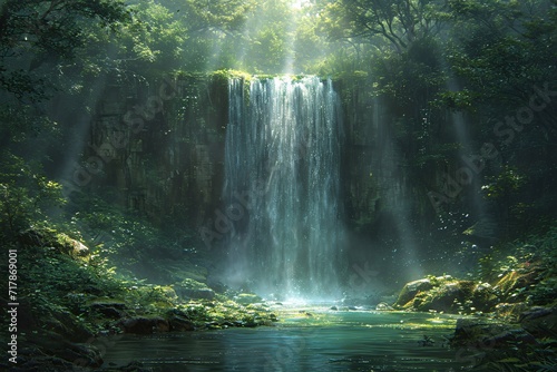 Fall Foliage Falls: A Waterfall's Refreshing Glow Generative AI