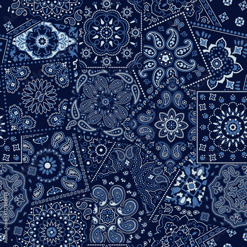 Paisley cashmere bandana fabric patchwork wallpaper vintage vector seamless pattern for scarf kerchief shirt fabric carpet rug tablecloth pillow