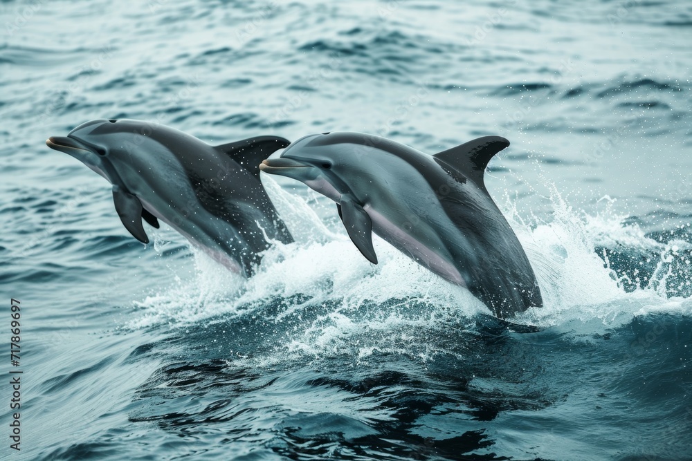 Naklejka premium smiling dolphin in blue water, dolphin and human