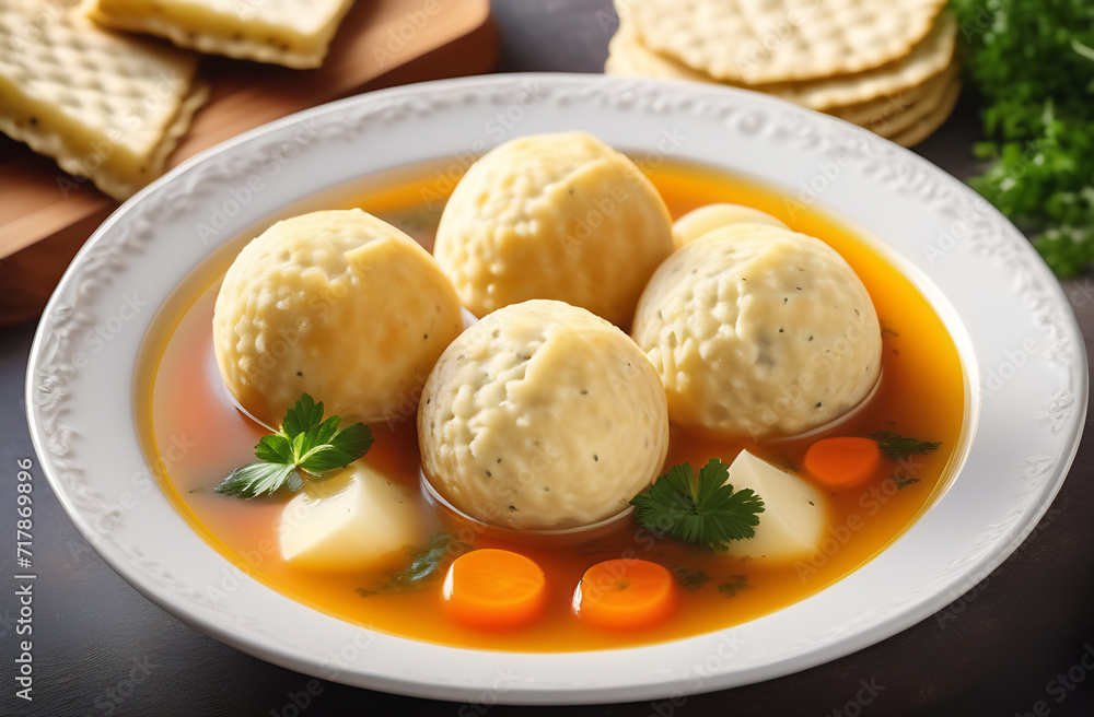 Matzo ball soup with carrot and green in a bowl on the table, Jewish traditional food, Passover food. Matzo ball soup with carrot and green in a bowl on the table, Jewish traditional food, Passover food.