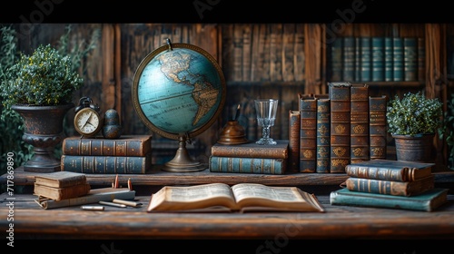 A World of Knowledge: A Bookshelf with a Globe, Books, and a Glass Generative AI