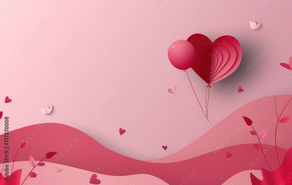 Valentine's Day concept depicting a heart-shaped balloon, soaring through a pink sky, carrying a gift box while a gentle cascade of smaller hearts drifts down over a whimsical paper-cut landscape. Ai Valentine's Day concept depicting a heart-shaped balloon, soaring through a pink sky, carrying a gift box while a gentle cascade of smaller hearts drifts down over a whimsical paper-cut landscape. Ai