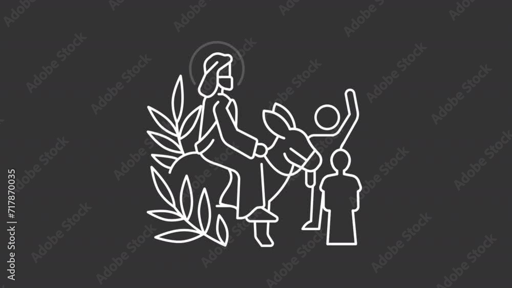 Palm sunday white line animation. Entry to Jerusalem. Jesus Christ riding donkey animated icon. Start of holy week. Isolated illustration on dark background. Transition alpha video. Motion graphic Palm sunday white line animation. Entry to Jerusalem. Jesus Christ riding donkey animated icon. Start of holy week. Isolated illustration on dark background. Transition alpha video. Motion graphic