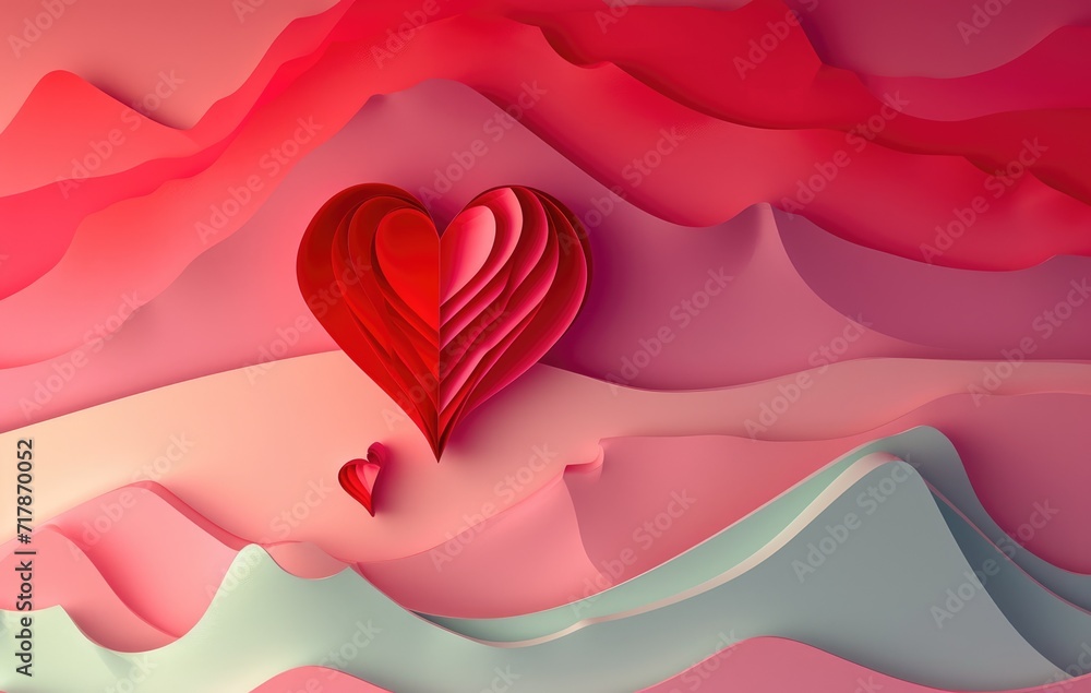 Valentine's Day concept depicting a heart-shaped balloon, soaring through a pink sky, carrying a gift box while a gentle cascade of smaller hearts drifts down over a whimsical paper-cut landscape. Ai Valentine's Day concept depicting a heart-shaped balloon, soaring through a pink sky, carrying a gift box while a gentle cascade of smaller hearts drifts down over a whimsical paper-cut landscape. Ai