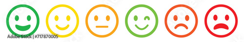Iconic illustration of satisfaction level. Range to assess the emotions of your content. Feedback in form of emotions. User experience. Customer feedback. Excellent, good, normal, bad, awful. Vector F photo