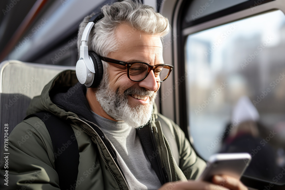 Senior man holding a mobile phone listening to music with headphones on a bus. Generative AI.