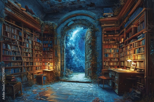 A Magical Night at the Library: A Blue Moon Rises Through the Bookshelves Generative AI