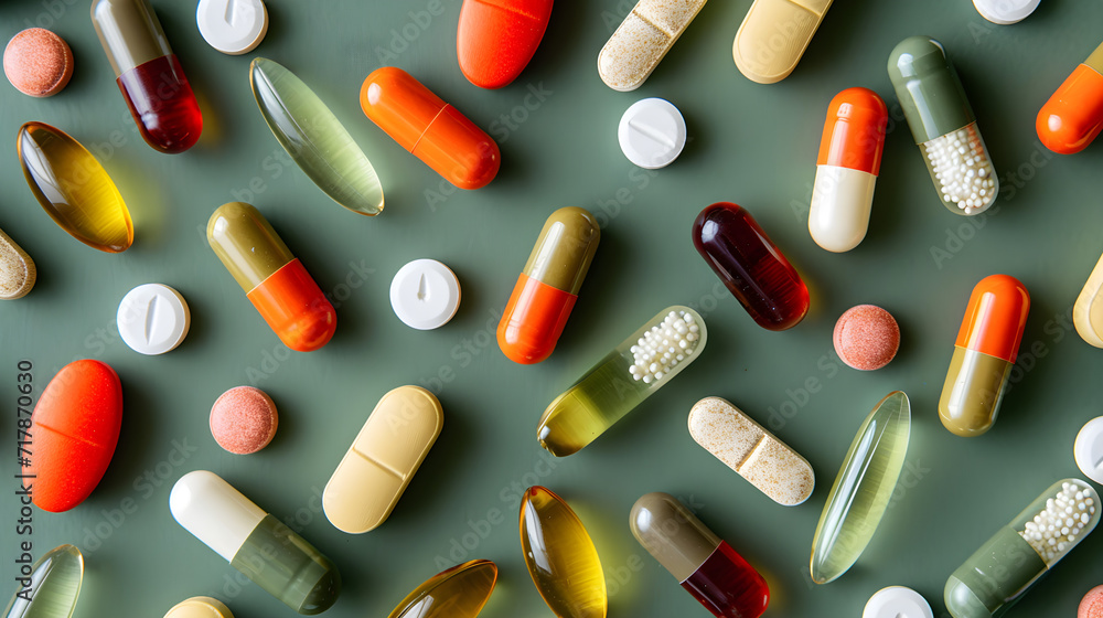 Tablets and capsules drugs for treatment on a green background top view Tablets and capsules drugs for treatment on a green background top view