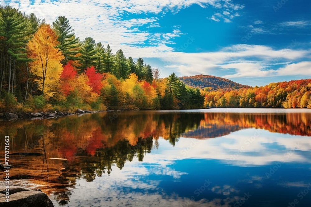 Breathtaking fall scenery featuring lush trees, vibrant colors, and serene lake mirroring nature's beauty. Generative AI
