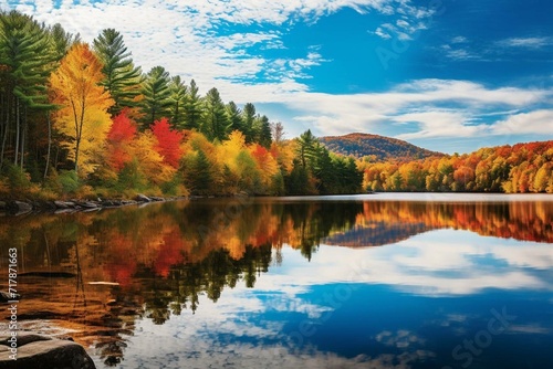 Breathtaking fall scenery featuring lush trees, vibrant colors, and serene lake mirroring nature's beauty. Generative AI © Saskia