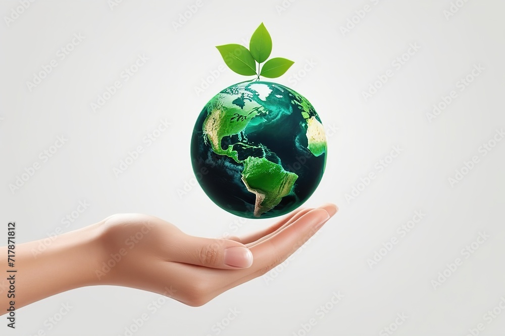 Close up of a green plant with leaves and 3d earth object growing from hand.ai generated Close up of a green plant with leaves and 3d earth object growing from hand.ai generated