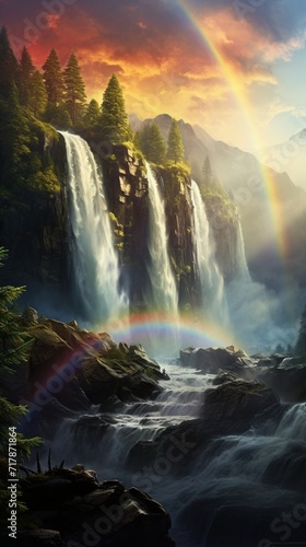 A double rainbow forming over a powerful waterfall, with the mist catching the sunlight to create a mesmerizing display of colors.