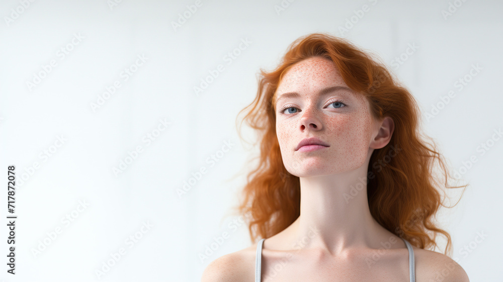 Red hair woman on white background. Portrait of charming woman with curly hair and freckles looks to the side, thinks. Over white background. Red hair woman on white background. Portrait of charming woman with curly hair and freckles looks to the side, thinks. Over white background.