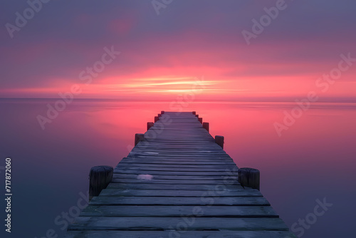 As the sun rises over the calm waters, the wooden pier stretches towards the horizon, creating a peaceful landscape in the sky and sea