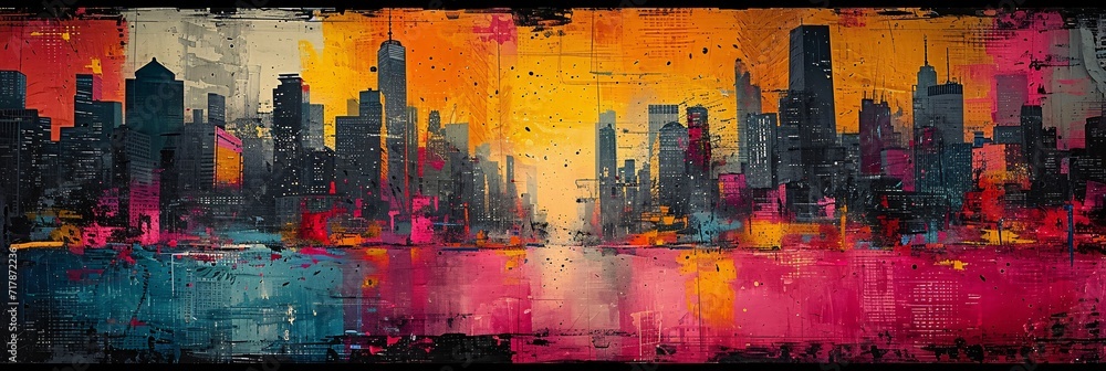 Cityscape at Sunset: A Pink and Orange Painting of a City Skyline Generative AI