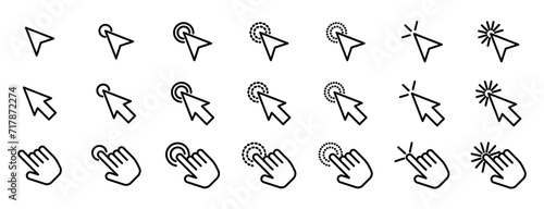 Click cursor arrow or hand vector icon set. click here hand button symbol. select finger computer mouse sign. tap or touch here icon set. photo