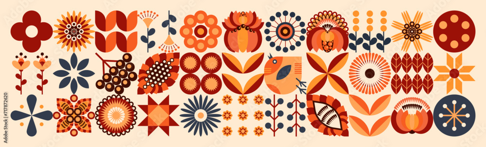 A positive illustration of the Ukrainian spring. Geometric floral pattern. Scandinavian mosaic style. The concept of ecological agriculture, farming, botany and poultry farming. Orange tones - obrazy, fototapety, plakaty 
