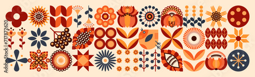 A positive illustration of the Ukrainian spring. Geometric floral pattern. Scandinavian mosaic style. The concept of ecological agriculture, farming, botany and poultry farming. Orange tones