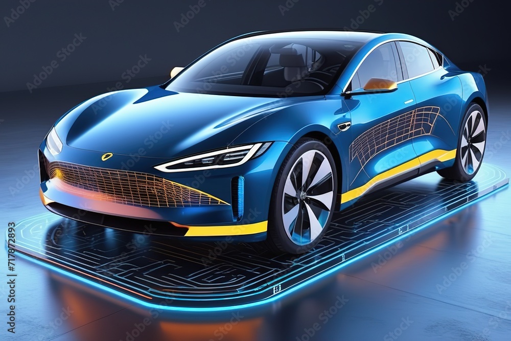 3d lowpolygon electric car rendering illustration on mobile  transportation online  futuristic element for premium product.AI generated