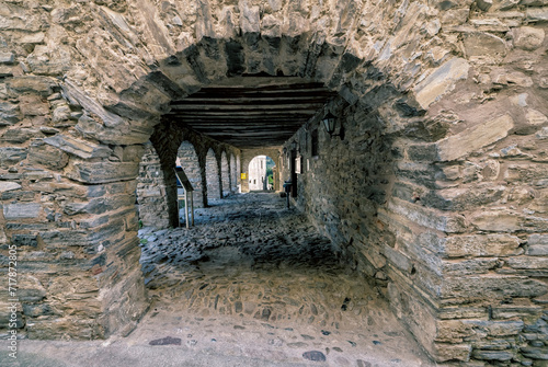 Medieval arcades in Yanguas. Soria. Spain. Europe.