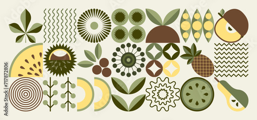Geometric pattern of food. Mosaic style. Natural organic fruit plants. Simple forms. Ukrainian style Easter illustration 