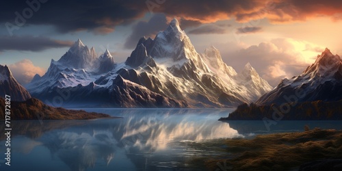 A dramatic mountain range with jagged peaks and a glacier-fed lake reflecting the towering summits. © Anmol