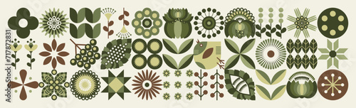 A positive illustration of the Ukrainian spring. Geometric floral pattern. Scandinavian mosaic style. The concept of ecological agriculture, farming, botany and poultry farming. Green tones
