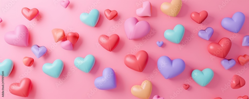 Valentine's Day, A soft pastel pink background serves as a canvas to a whimsical array of floating hearts in various shades of pink and red, conveying a playful and loving atmosphere synonymous