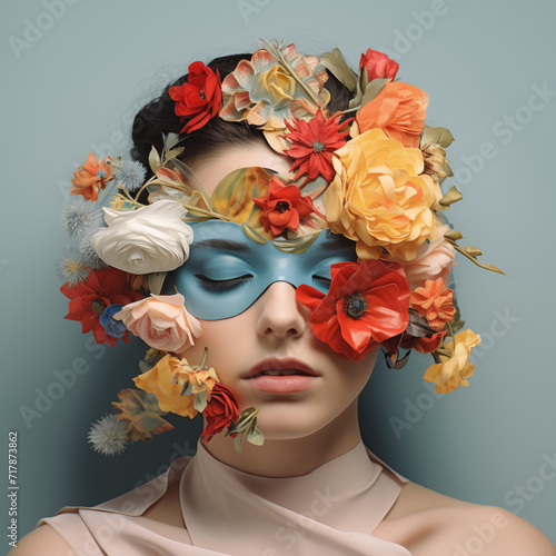 Abstract contemporary art collage portrait of young woman with flowers on face hides her eyes