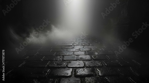 Mist enveloping the stone floor in the dark. terrifying  spooky atmosphere. generative AI