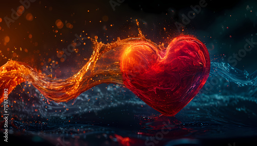 A passionate heart ignites with fiery bursts of light, illuminating the darkness with a mesmerizing display of fireworks